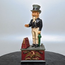 Vintage Uncle Sam Cast Iron Mechanical Coin Piggy Bank U.S. Toy Americana ☂️ picture