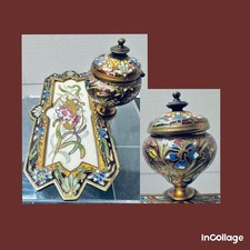 Antique French Champleve Enamel Inkwell Pen Tray 19th C Painted Floral Plaque  picture