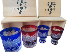 2 Edo Kiriko Tajima Glass Sets Blue Red Rocks Cut Pattern Japanese New With Box picture