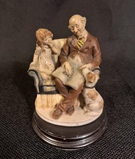 Vintage Porcelain Grandfather Reading Book Girl Dog Figurine Wood Base Decor picture