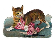 1888 Chromo, NAUGHTY CAT CHEW TOY DOLL, Antique Victorian Die-Cut Scrap 3