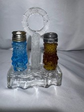 Antique EAPG Daisy & Button Slender Salt & Pepper Shaker Set w/ Glass Caddy picture