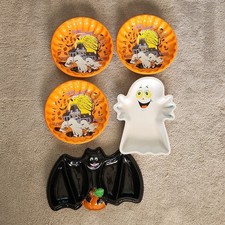 5 Vintage Halloween Plastic Molded Candy Dish Round Scalloped Bowl Ghost Bat picture