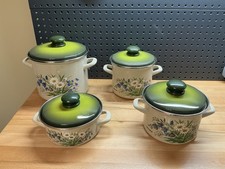 Vintage 1970’s 8pc Cookware Set 2 Handled Pots W/Lids Wildflowers Green Lids picture