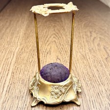 Antique Art Nouveau Gilt Metal Hatpin Holder Purple Pincushion Floral Vanity picture