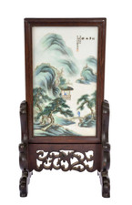 1960's Chinese Famille Rose Table Plaque Screen Mountain Scene Sg 胡邦浩 picture