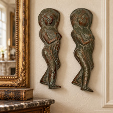 Pair Art Nouveau Metal Maiden Figural Wall Decor Sculptures Patinated Finish picture