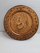 hand-painted wooden decorative plate featuring a folk art chicken or hen Signed  picture