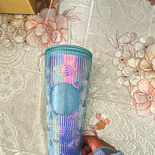 Starbucks Iridescent Blue/Purple Cold Cup Tumbler w/ Straw Coffee & Tea Theme picture