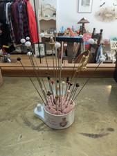 Vintage Porcelain Pink Pin Cushion Thimble Holder Assorted Antique Hatpins Lot picture