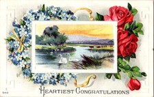 Vintage 1911 Heartiest Congratulations Floral & Swans Postcard picture