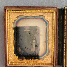 Antique c 1850 Double Daguerreotype Photo Set Father & Two Children 1/6 Plate Cs picture