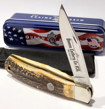 Queen USA Brown Burnt Stag Horn Handles Lockback Folding Pocket Knife QGSH106 picture