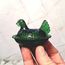 Indiana Style Glass Mini Hen On Nest Chicken Salt Dish, Emerald Green, VTG Style picture