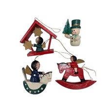 4 Vtg Erzgebirge Style Mini Wooden Ornaments Rocking Horse Angel Snowman German picture