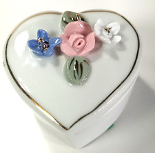 Vintage Porcelain Heart Trinket Box – Floral Rose Top – Gold Trim – Japan picture