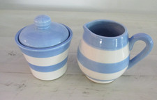 Vintage Blue & White Striped Sugar And Creamer Cottage Core - Very cute picture