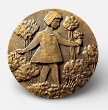 Vintage Czechoslovakia MDD Children's Day Pin Badge Girl with Flowers Bronze picture