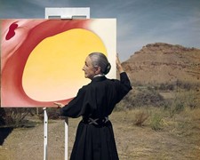 The American painter Georgia O'Keeffe is standing outside art stud- Old Photo picture