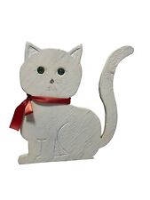 Vintage Hand Made & Painted Wooden White Cat Figure 11 1/4