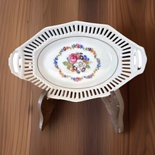 Vintage Schwarzenhammer Reticulated Gold Trim Floral Oval Dish West Germany Rare picture