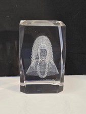 Native American Chief 3D Laser Etched Crystal Glass Paperweight Block 3.25