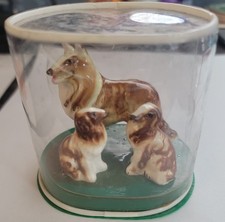 3 pc Vintage Miniature Bone China Collie Dog Family Figurines In Dome - Japan picture