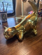 Vintage Solid Brass MCM Crouching Cat Large Heavy Figure Paperweight 7