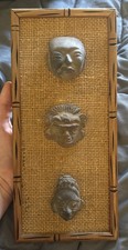 Framed Miniature Tribal Mask Wall Art 3 Faces Burlap Backing Wood Frame picture