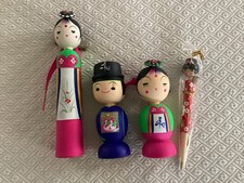 Japanese Wooden Dolls Kokeshi Contemporary Neon Colors Set w/Bonus Pen - NEW picture
