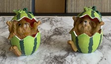 SET OF TWO VTG. WATERMELON SURPRISE RABBIT BUNNY FIGURINE picture