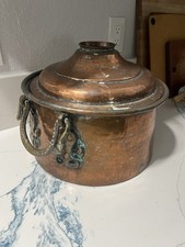 Vintage LARGE Hammered Copper Tinned Pot with Ornate Brass Handles Dutch Lid picture