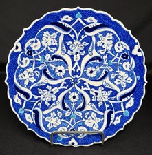VTG Hand Painted Turkish Kütahya Ceramic Plate Blue White Floral Wall Hanging 7” picture