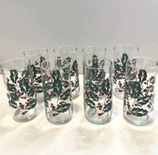 Vintage Christmas Holly Berry Drinking Glasses Set of 8 Holiday Tumblers picture