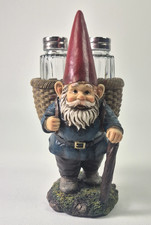 DWK Resin German Woodland Gnome Salt & Pepper Shaker Holder Rustic Dwarf Caddy picture