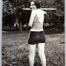 c1930s Cute Young Woman Swimsuit Snapshot Photo Outdoor Yard Fashion Vtg 3