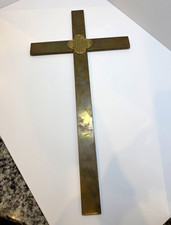 Antique Brass Church Altar Cross IHS Memorial Dated 1949 Harriet Horney 21.5” picture