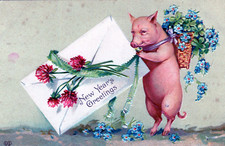 New Year's Postcard Wise-looking Pig Bringing Flowers and a Large Card picture