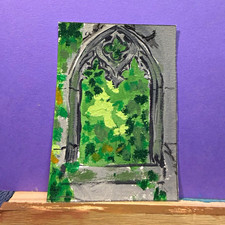 ACEO original OOAK vintage stone window nature oil pastel and acrylic picture