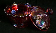 Vintage Rare Imperial Herringbone Ruby Carnival Glass Covered Candy Dish EC (R9) picture
