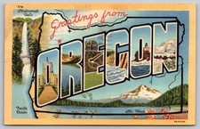 c1948 Greetings From Oregon Large Letter Mt Hood Multnomah Falls Linen Postcard picture