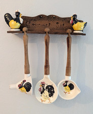 Vintage Thames Japan Rooster Ceramic Kitchen Utensil Gourmet Set Wall Rack 5 Pc picture