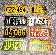 Lot of 8 Vintage 1953-1954 US bicycle tin License Plates WI MI NE IN HI OH AK picture