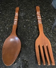 MCM 1960's Wood 21.5” Spoon & Fork  w/ Tiki Carvings Handmade in Philippines  picture