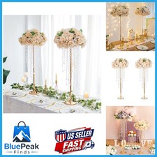 Sziqiqi Gold Tall Metal Vase Stand with Crystal Beads, Wedding Decor 2Pcs picture