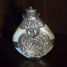 Vintage Mother of Pearl Perfume Bottle Ornate Silver Tone Filigree Vanity Flask picture