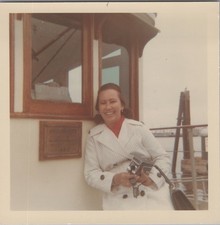 Pretty Woman w/ Movie Camera Shearwater Boat Harbor Smiling Color VINTAGE PHOTO picture