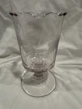Vintage Etched Leaf Vase Glass Scalloped Rim Footed  Stem Base Excellent Cond picture