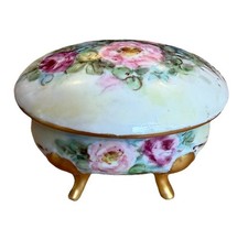 Vintage Footed German Floral Porcelain Vanity Trinket Box  3”x3.5”x4” picture