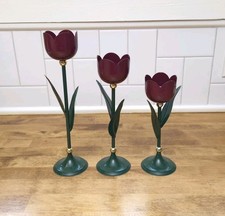 VTG 1980s Metal Tulip Candle Holders Set of 3 Burgundy/Green picture